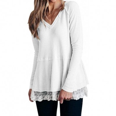 Tops Blouse Long Sleeve Shirt- Womens Casual Long Sleeve Knot Waffle Knit Tunic Lace Blouse Cute Shirts Tops - White - CB18Y4...