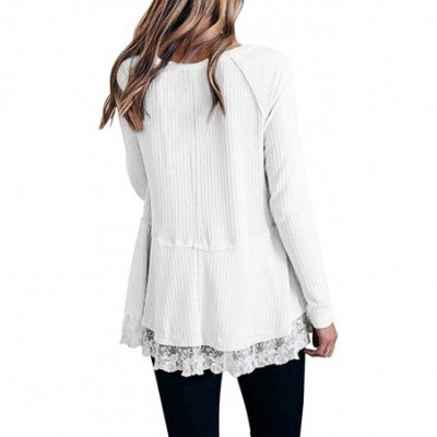 Tops Blouse Long Sleeve Shirt- Womens Casual Long Sleeve Knot Waffle Knit Tunic Lace Blouse Cute Shirts Tops - White - CB18Y4...