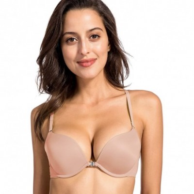 Bras Women's Smooth Front Closure Padded Push Up Underwire X-Back Plunge Bra - Beiges - C611KGPVPM3