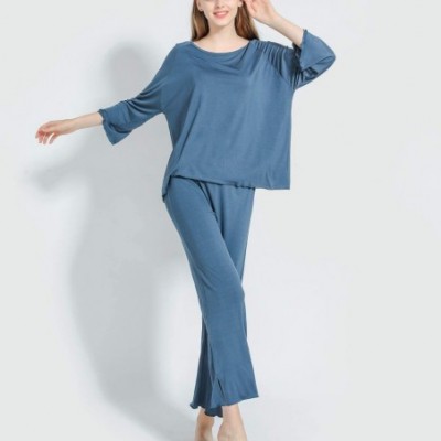 Sets Women's Casual Pajamas Set Soft 2 Pieces Long Sleeves Pyjamas Loose Fit Loungewear - Blue - C218Z574TG8