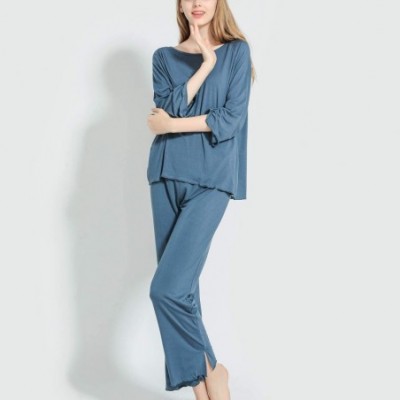 Sets Women's Casual Pajamas Set Soft 2 Pieces Long Sleeves Pyjamas Loose Fit Loungewear - Blue - C218Z574TG8