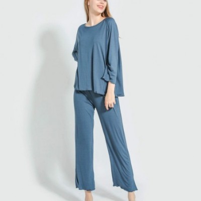 Sets Women's Casual Pajamas Set Soft 2 Pieces Long Sleeves Pyjamas Loose Fit Loungewear - Blue - C218Z574TG8