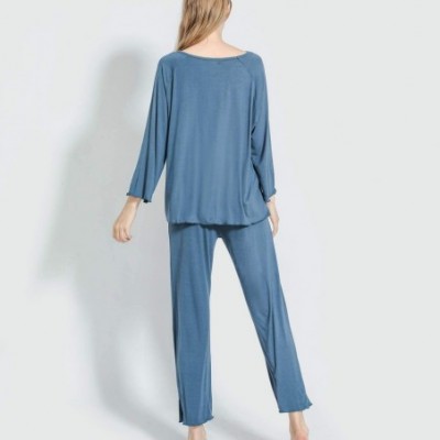 Sets Women's Casual Pajamas Set Soft 2 Pieces Long Sleeves Pyjamas Loose Fit Loungewear - Blue - C218Z574TG8