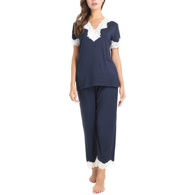 Sets Women's Soft Pajamas Set Long Sleeve Pjs Top and Pants Loungewear - Capri-navy - CA18R5XHHLX