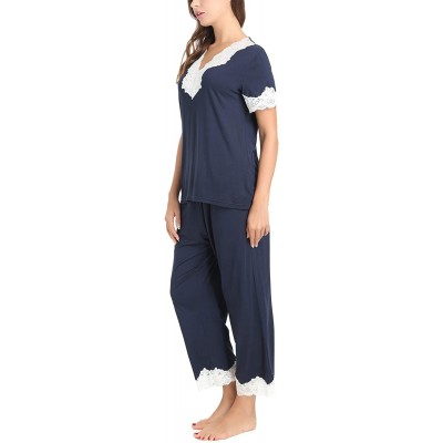 Sets Women's Soft Pajamas Set Long Sleeve Pjs Top and Pants Loungewear - Capri-navy - CA18R5XHHLX