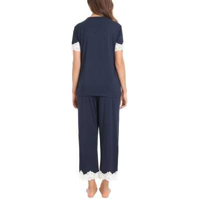 Sets Women's Soft Pajamas Set Long Sleeve Pjs Top and Pants Loungewear - Capri-navy - CA18R5XHHLX