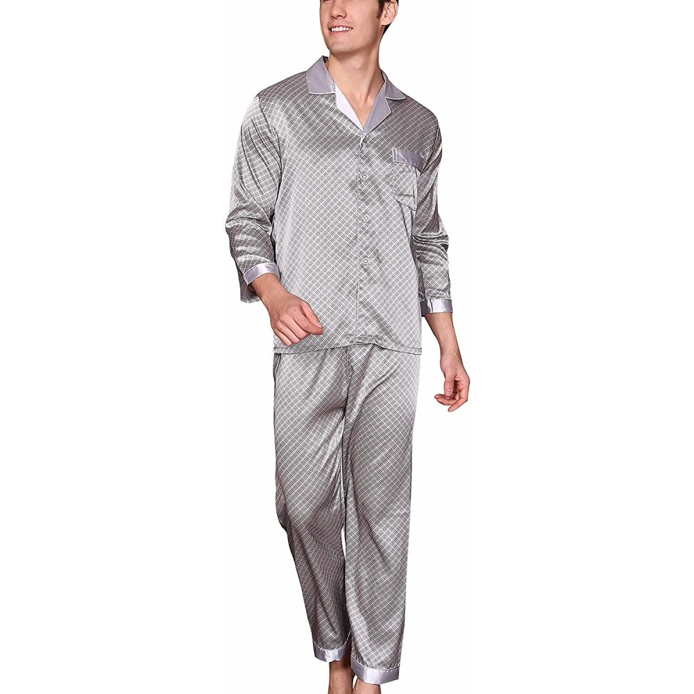 Sleep Sets Mens Luxury Sleepwear Silk Pajamas Set Soft Terylene Long Sleeve Loungewear Set - Gray - CL187K5R8AX