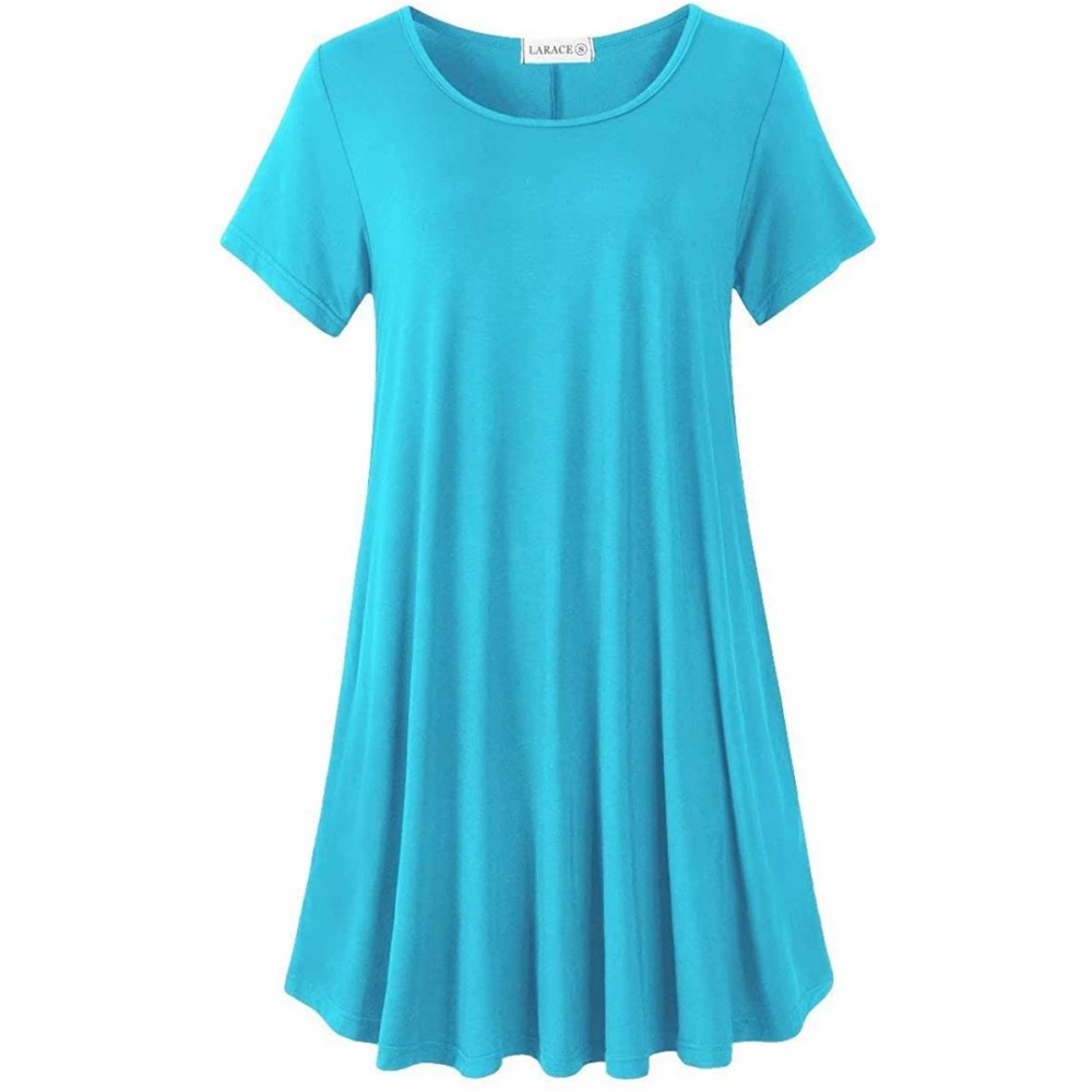 Nightgowns & Sleepshirts Women's Short Sleeve Swing Tunic Casual Pockets Loose T Shirt Dress - Lake Blue - CH18NUW735E