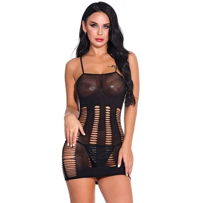 Baby Dolls & Chemises Women's Sexy Mesh Lingerie Sleepwear Fishnet Babydoll Mini Dress One Size Bodysuit - Black - CK18W5GA2EO