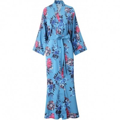 Robes Women's Kimono Robe Long - Floral Printed Silk Bathrobe Lightweight Nightgown Charmeuse - Dark Green - CW198H32HTN