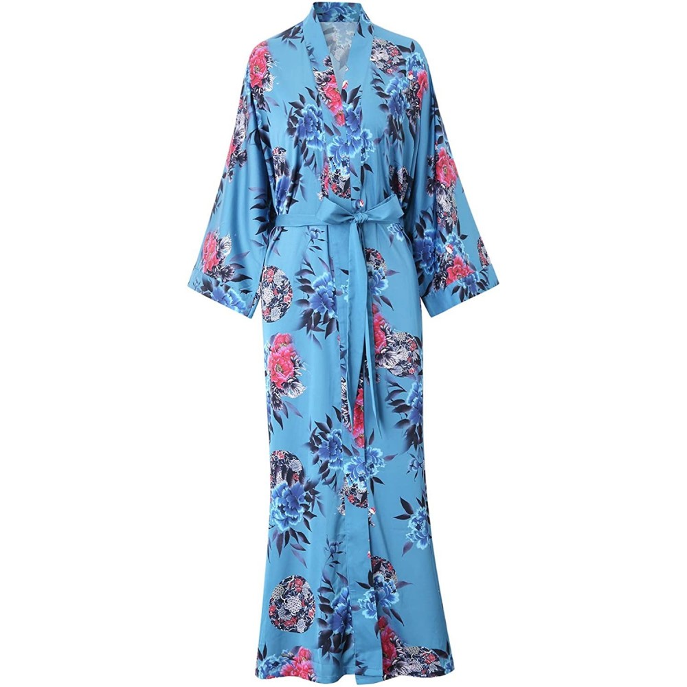 Robes Women's Kimono Robe Long - Floral Printed Silk Bathrobe Lightweight Nightgown Charmeuse - Dark Green - CW198H32HTN