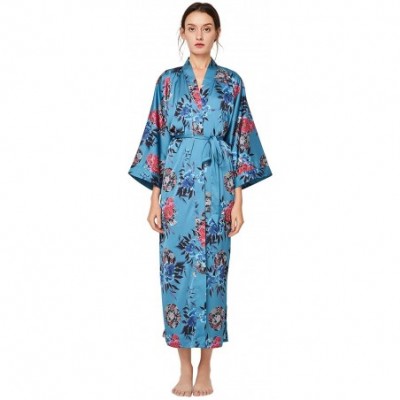 Robes Women's Kimono Robe Long - Floral Printed Silk Bathrobe Lightweight Nightgown Charmeuse - Dark Green - CW198H32HTN