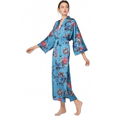 Robes Women's Kimono Robe Long - Floral Printed Silk Bathrobe Lightweight Nightgown Charmeuse - Dark Green - CW198H32HTN