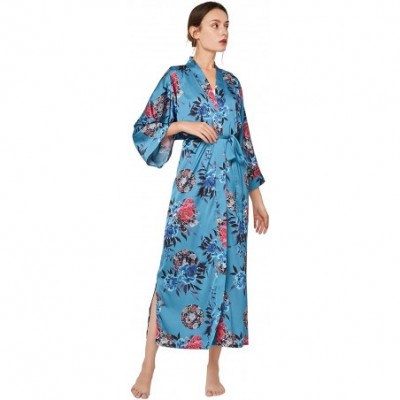 Robes Women's Kimono Robe Long - Floral Printed Silk Bathrobe Lightweight Nightgown Charmeuse - Dark Green - CW198H32HTN