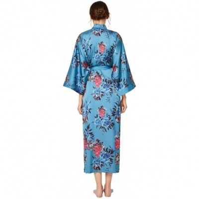 Robes Women's Kimono Robe Long - Floral Printed Silk Bathrobe Lightweight Nightgown Charmeuse - Dark Green - CW198H32HTN