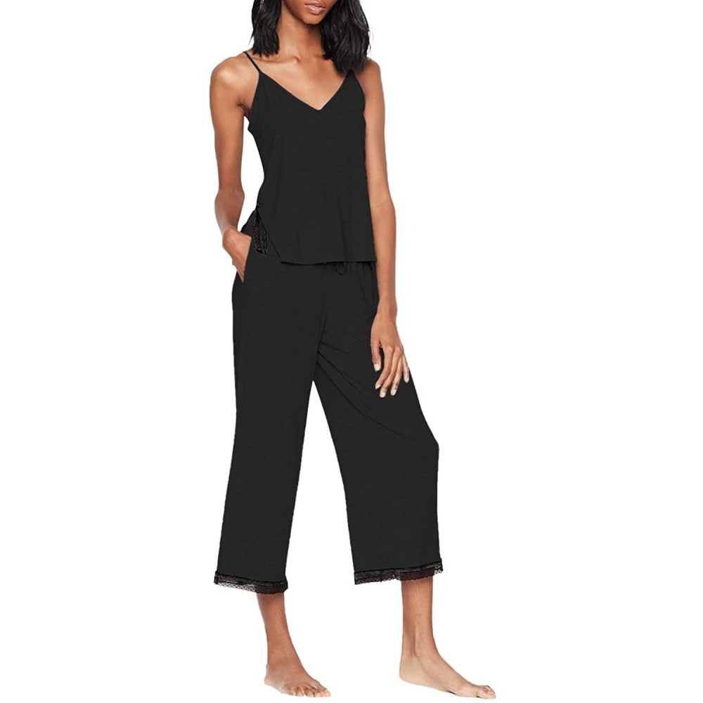 Sets Womens Pajama Sets Short Sleeve Ruffle Trim Sleepwear Tops with Capri Pants Soft Casual Loungewear - B-black - C2194T73265