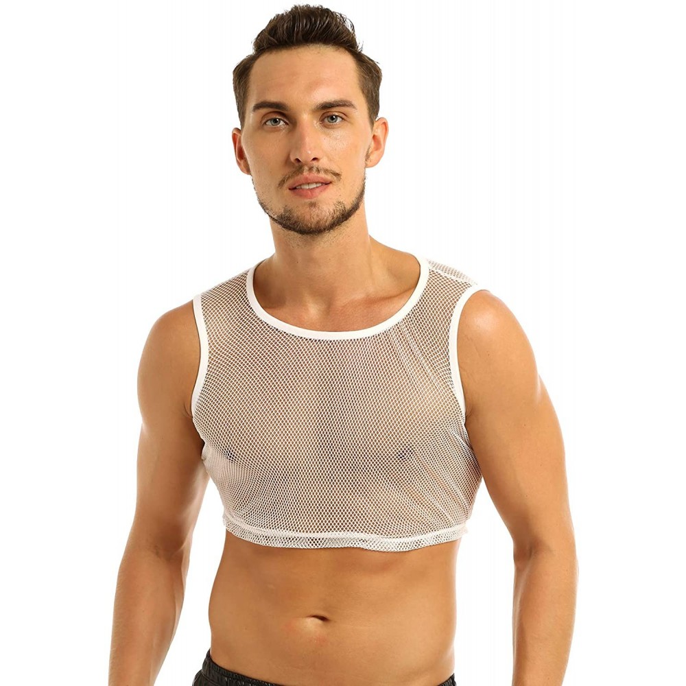 Undershirts Men's See Through Fishnet Sleeveless Muscle Tank Tops Vest Workout Gym Sports T-Shirts - White - CL18M2234LI