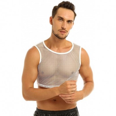 Undershirts Men's See Through Fishnet Sleeveless Muscle Tank Tops Vest Workout Gym Sports T-Shirts - White - CL18M2234LI