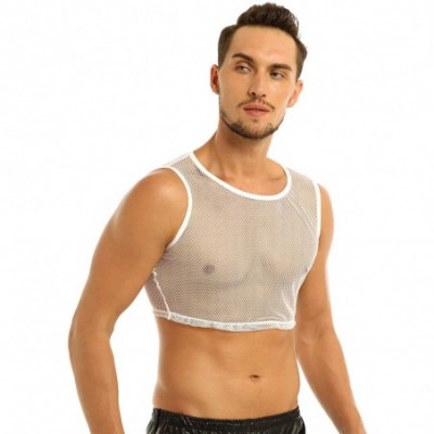 Undershirts Men's See Through Fishnet Sleeveless Muscle Tank Tops Vest Workout Gym Sports T-Shirts - White - CL18M2234LI