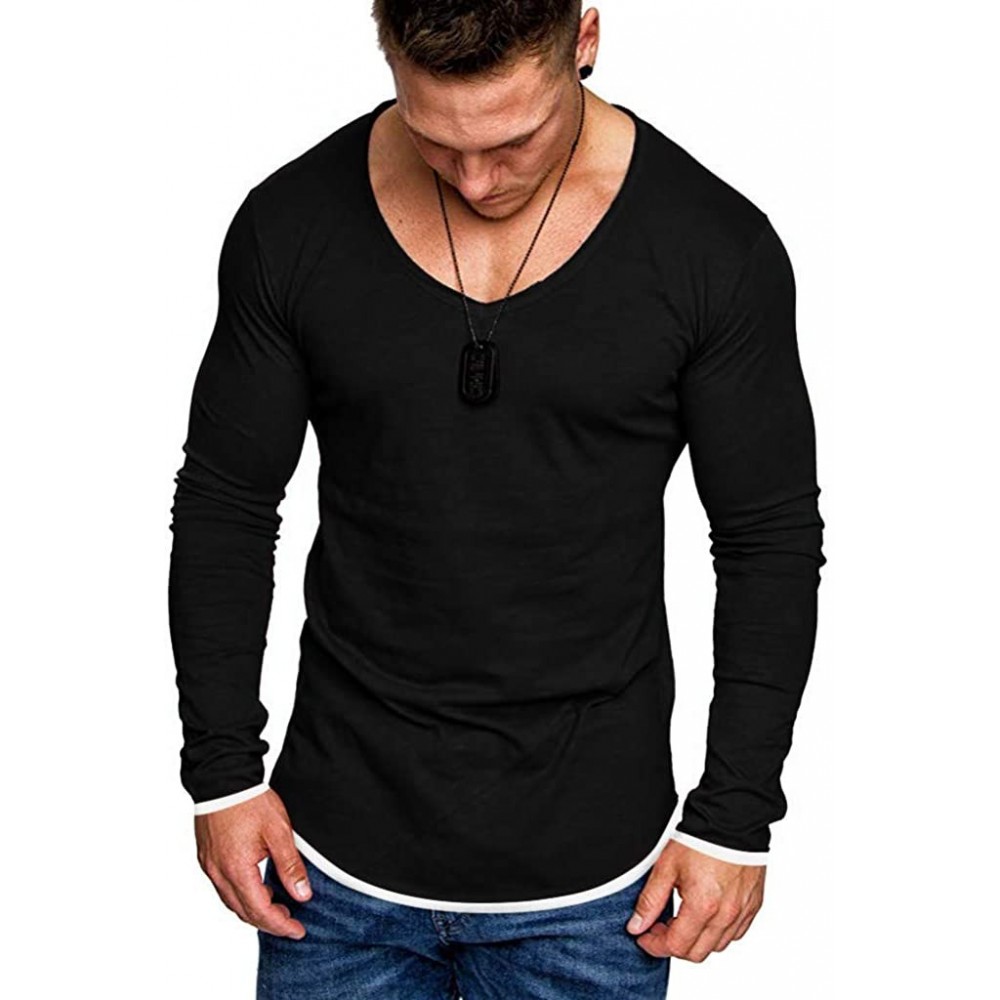 Trunks Men's Simple Cotton Casual Comfortable Crewneck Solid T-Shirt Top Blouse Long Sleeve Sweatshirts - Black - CS1952WZ0DG