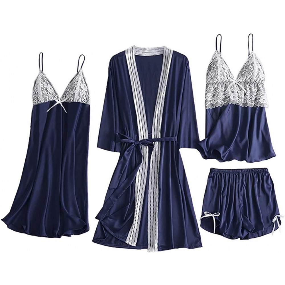 Sets Women's 4PCS Silk Satin Pajama Set Cami Top Nightgown Lace Sleepwear Robe Babydoll Sets Sexy Nightdress Pajamas Lingerie...