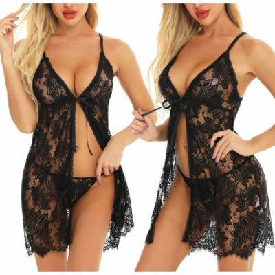 Baby Dolls & Chemises Babydoll Lingerie for Women Lace Chemises V Neck Sexy Mesh Sheer Open Front Negligee - Black - C419836WH8M