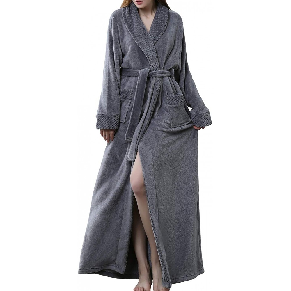 Robes Womens Zipper Front Fleece Flannel Robe Plush Long Warm Bathrobe Loungewear with Pockets - Grey-2 - CW18M4WHTGE