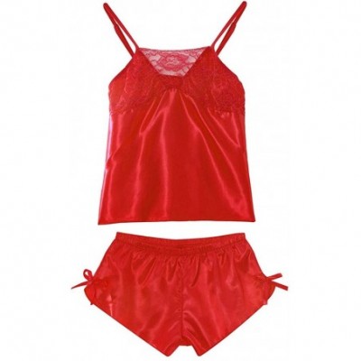 Tops Women Stain Sleepwear Short Suit Set Lingerie Cami Shorts Pajamas Set - Red - C118UD8KCCO