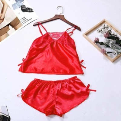 Tops Women Stain Sleepwear Short Suit Set Lingerie Cami Shorts Pajamas Set - Red - C118UD8KCCO