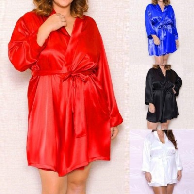 Tops Sexy Lingerie Women Plus Size Silk Lace Robe Dress Babydoll Nightdress Nightgown Floral Sleepwear - Red - CJ18S7WI7OT