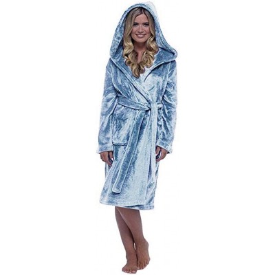 Robes Women's Plush Lengthened Shawl Spa Bathrobe Plus Size Homewear Hooded Robe Coat - Blue - CK193Z0HINM