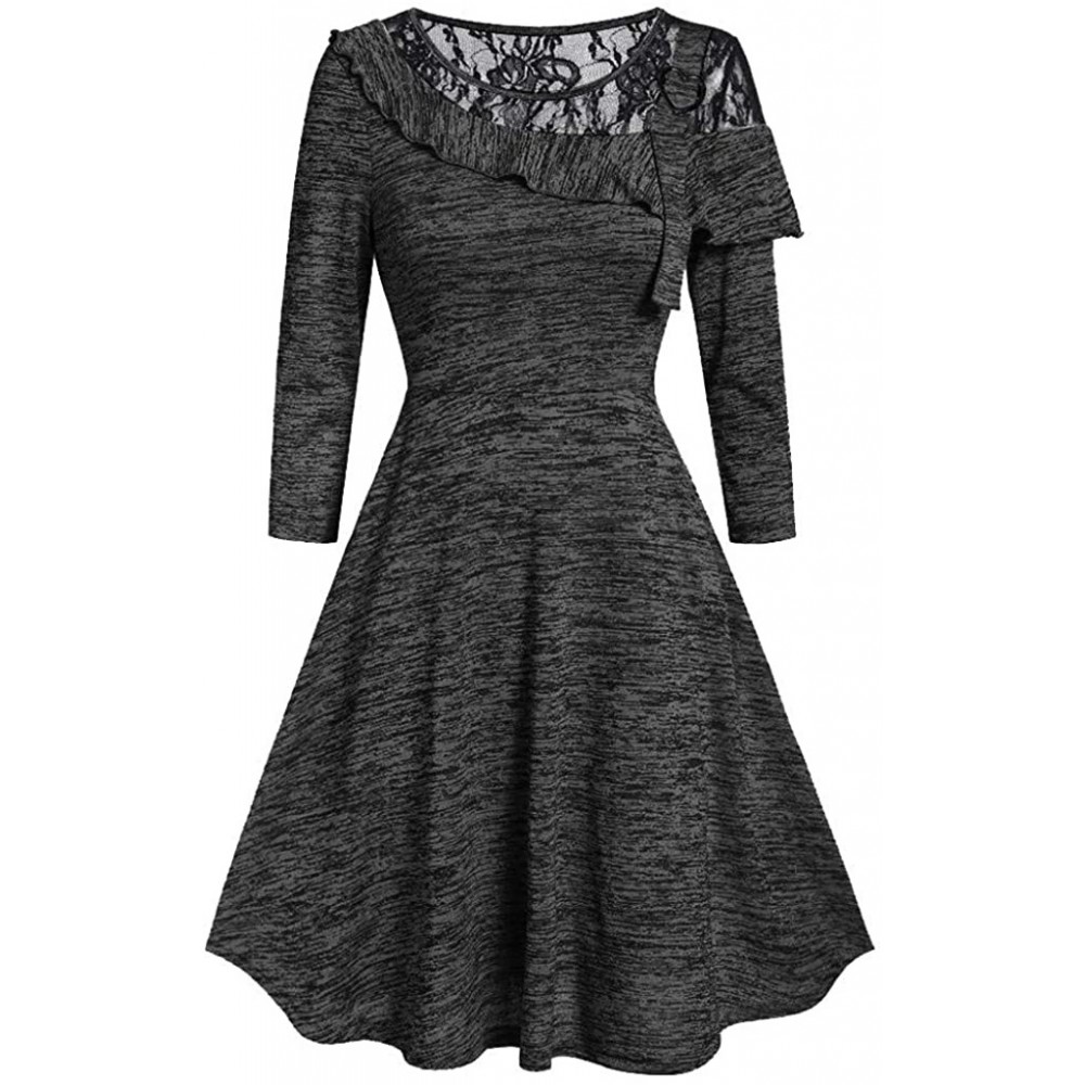 Thermal Underwear Fashion Womens Solid Long Sleeve O-Neck Asymmetric Lace Casual Dress - A-black - C318AMTKM5U