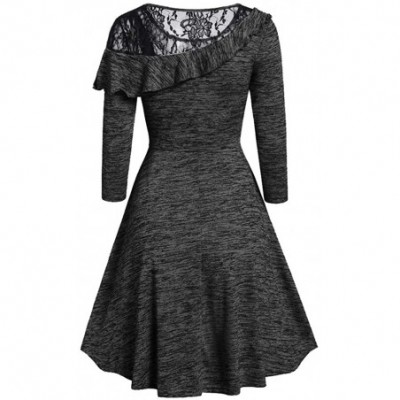 Thermal Underwear Fashion Womens Solid Long Sleeve O-Neck Asymmetric Lace Casual Dress - A-black - C318AMTKM5U