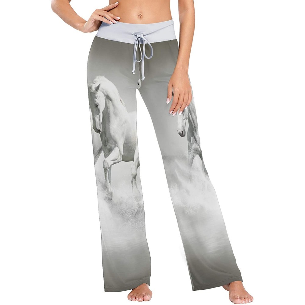 Bottoms Animal White Horses Running Water Women Loose Palazzo Casual Drawstring Sleepwear Print Yoga Pants - CP19CSK5Y55