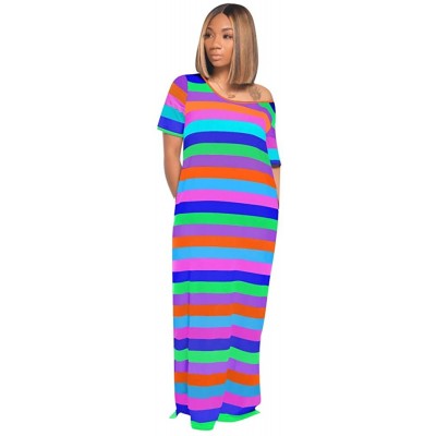 Nightgowns & Sleepshirts Women's Short Sleeve Striped Print Casual Hooded Loose Maxi T Shirt Dress with Pockets - 6386-blue -...