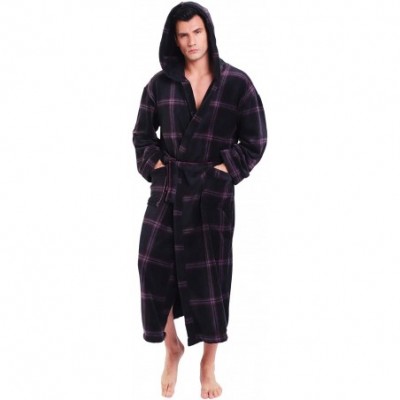 Robes Hooded Herringbone Men's Dark Red Checked Soft Spa Long Bathrobe-Comfy Full Length Warm Nightdress - CK198G55Q8H