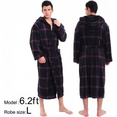 Robes Hooded Herringbone Men's Dark Red Checked Soft Spa Long Bathrobe-Comfy Full Length Warm Nightdress - CK198G55Q8H