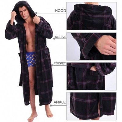 Robes Hooded Herringbone Men's Dark Red Checked Soft Spa Long Bathrobe-Comfy Full Length Warm Nightdress - CK198G55Q8H