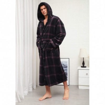 Robes Hooded Herringbone Men's Dark Red Checked Soft Spa Long Bathrobe-Comfy Full Length Warm Nightdress - CK198G55Q8H