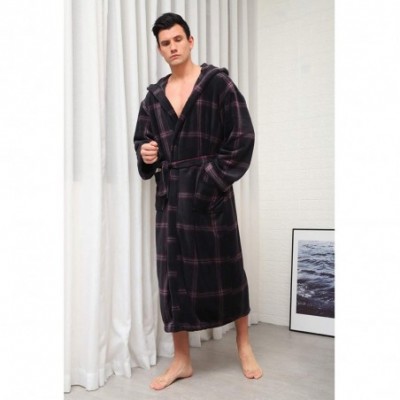 Robes Hooded Herringbone Men's Dark Red Checked Soft Spa Long Bathrobe-Comfy Full Length Warm Nightdress - CK198G55Q8H