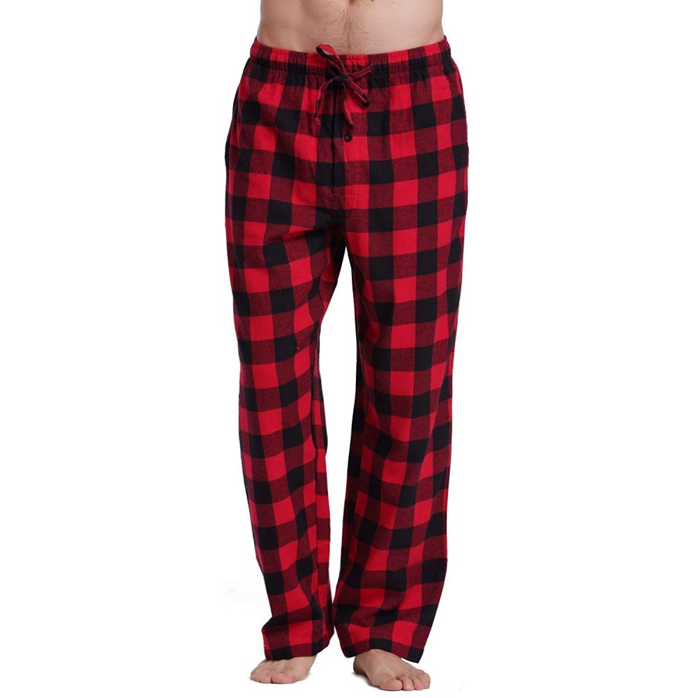 Sleep Bottoms Men's 100% Cotton Super Soft Flannel Plaid Pajama Pants - Black Red Gingham - CH184S9HG3T