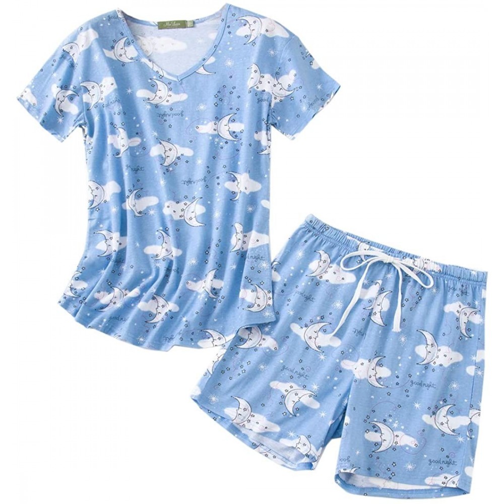 Sets Women's Sleepwear -Cute Print Short-Sleeve Tee and Shorts Pajama Sets - Blue Moon - CC190RH0UUM