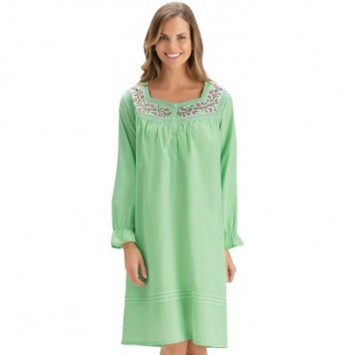 Nightgowns & Sleepshirts Floral Embroidered Delicate Lace Nightshirt - Square Neckline- 100% Cotton - Mint - CV194A3E54S