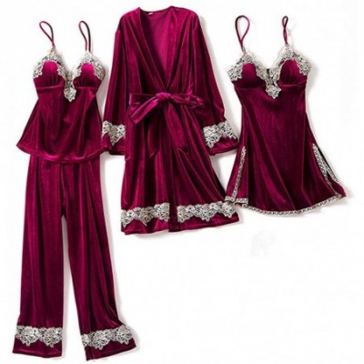 Sets Women's Pajama Sets Elegance 4pcs Velvet Pajamas Womens Sleepwear Sets with Chest Pad - Wine Red-1 - CZ18ZAN8WRI