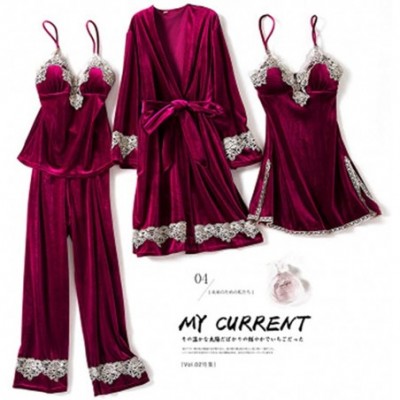 Sets Women's Pajama Sets Elegance 4pcs Velvet Pajamas Womens Sleepwear Sets with Chest Pad - Wine Red-1 - CZ18ZAN8WRI