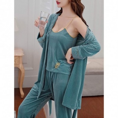 Sets Women's Pajama Sets Elegance 4pcs Velvet Pajamas Womens Sleepwear Sets with Chest Pad - Wine Red-1 - CZ18ZAN8WRI