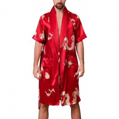 Robes Men's Satin Robe with Shorts Luxurious Kimono Nightgown Pajamas Bathrobes - Short Sleeve/Red - CM196IHXDI0