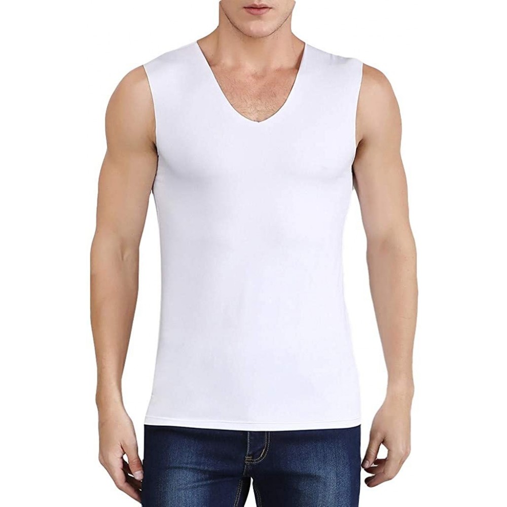 Undershirts Men's Ice Silk Seamless Quick Dry Tank Top Summer V Neck Solid Color Breathable Vest - White - CF19DO3ZOQU