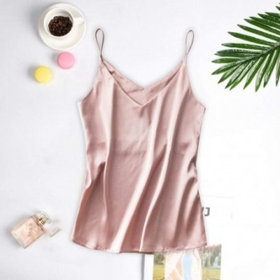 Accessories Womens Satin Pajamas Sexy Fashion V-Neck Silk Cami Crop Top Underwear - Pink - C7198E3EX8Z