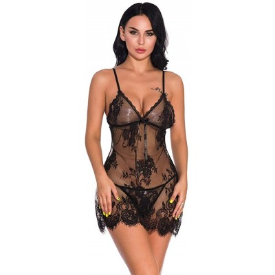 Baby Dolls & Chemises Lace Chemise for Sex Valentine's Nightgown Seamless Cut Sex Nightdress for Women 1119 - Black - CX192R3...